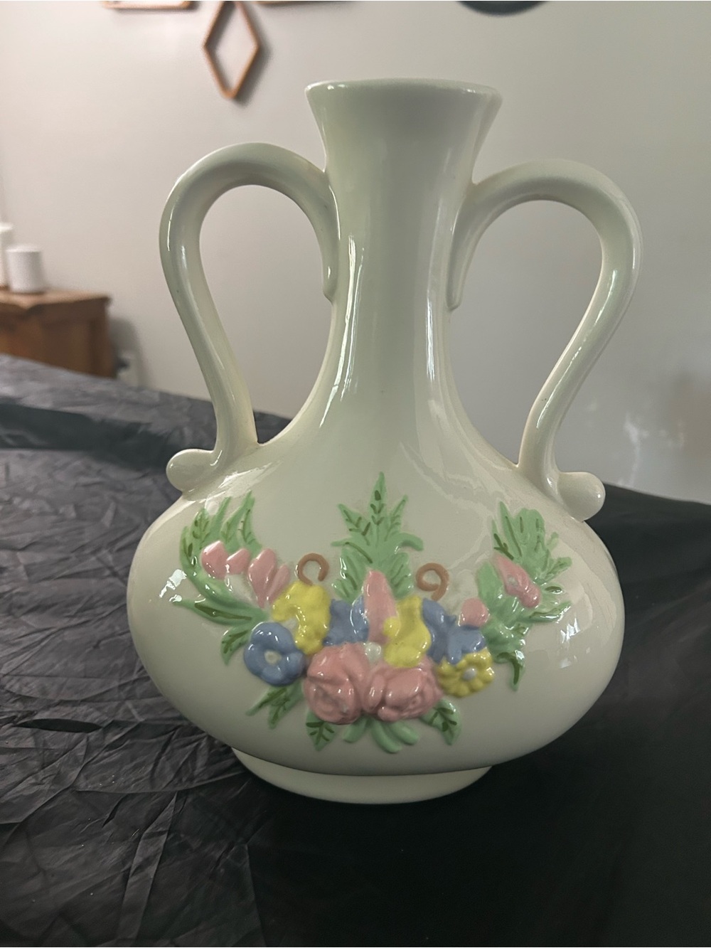 White Ceramic Double-Handled Vase with Pastel Floral Relief
